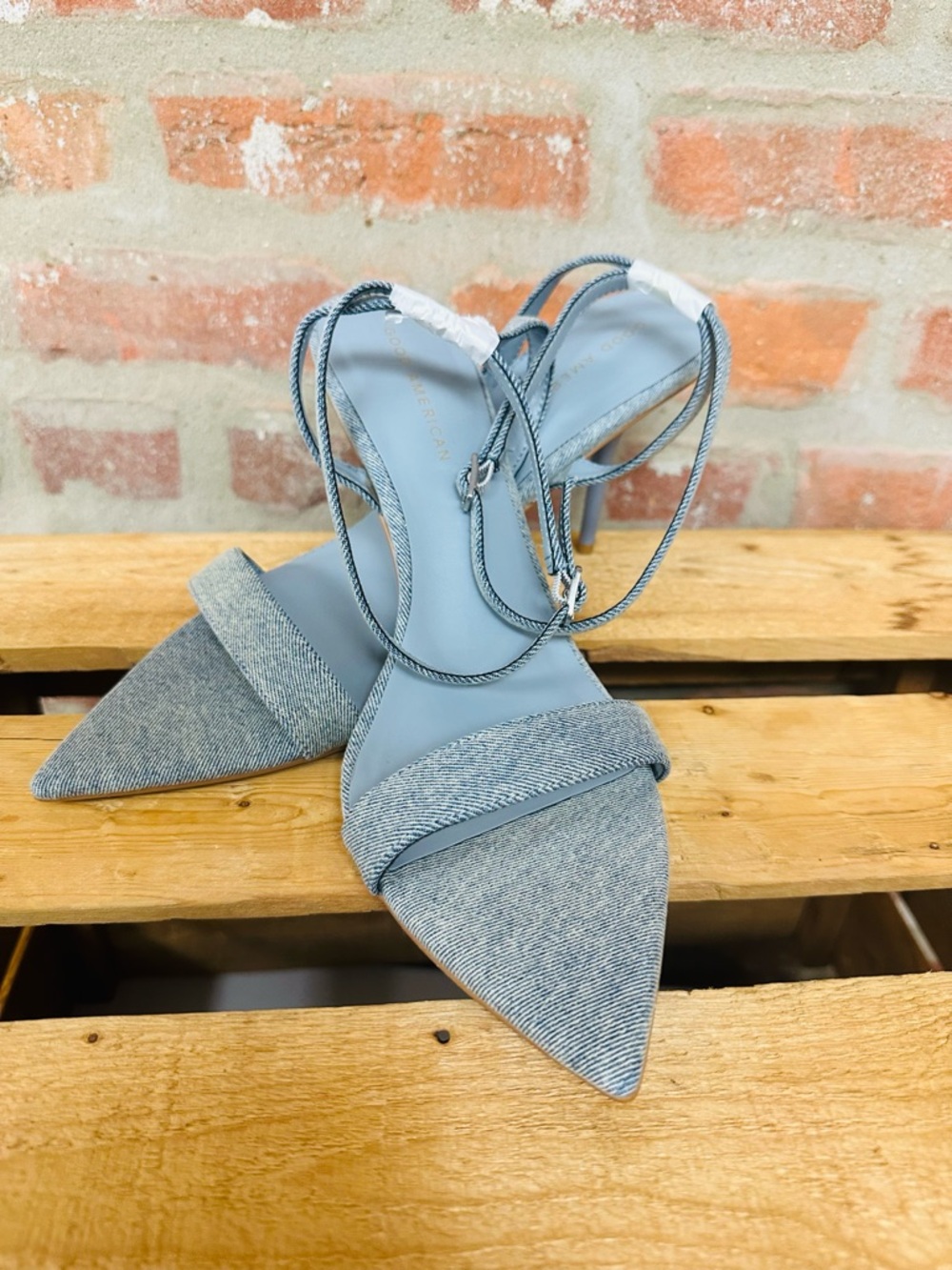 NEW IN BOX GOOD AMERICAN BARELY THERE ANKLE STRAP SANDLES DRNIM 4”HEELS SIZE 12